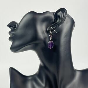 Womens Amythest & Glass Pierced Earrings Dangle Authentic Stone Handmade Artisan